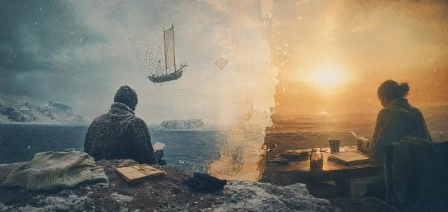 Split scene with a snowy coast and flying ship on the left, sunny desk scene on the right.