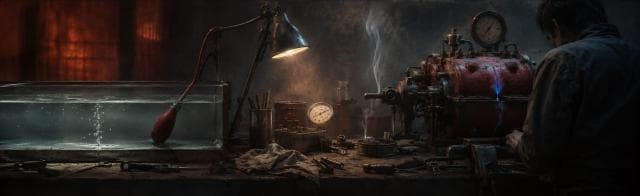 A person works at a cluttered workbench filled with old tools, gauges, and a tank of water.