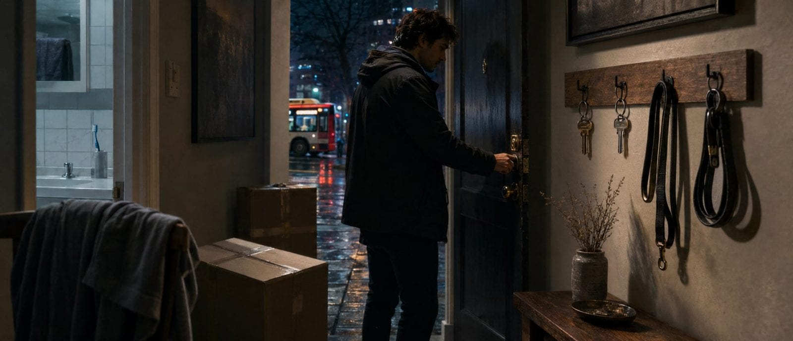 A person enters an apartment at night; boxes, towels, and leashes hang by the door with city lights visible outside.