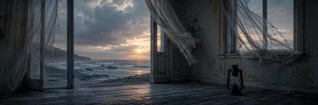A dilapidated room with torn curtains and a lantern overlooks a rocky beach at sunset.