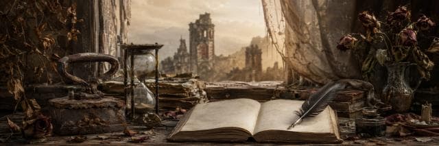 An open book, quill, rusty iron, and wilted roses rest by a window overlooking ruined buildings.