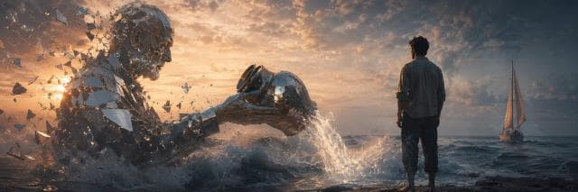 A man stands before a giant metallic figure pouring water into the sea at sunset, with a sailboat in the background.