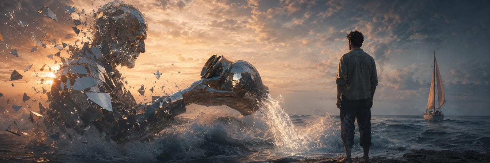 A man stands before a giant metallic figure pouring water into the sea at sunset, with a sailboat in the background.