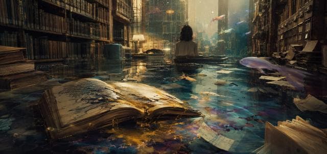 A person sits in a flooded library as fish swim by floating papers and open books.