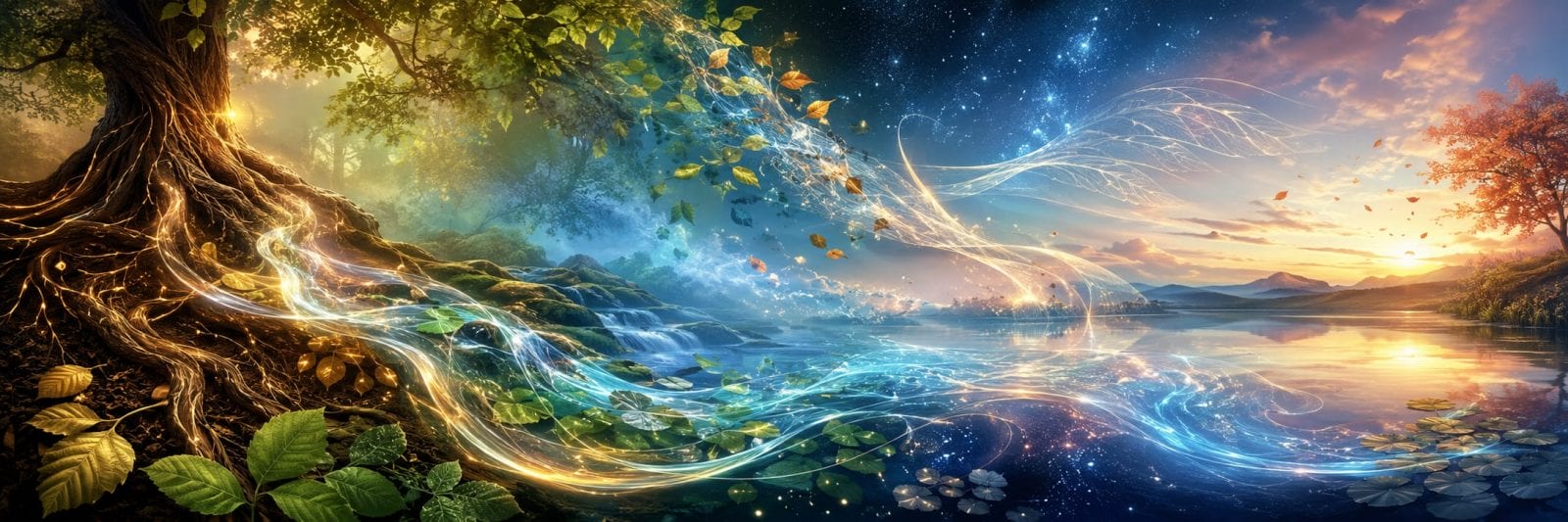 Surreal lakeshore with a tree, glowing leaves, and a star-filled sunrise sky reflected in calm water.