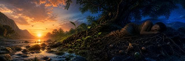 A resting figure lies on cool earth beside young green plants between a golden river sunrise and blue night.