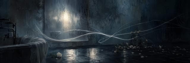 A dim bathroom with a foggy mirror, scattered white petals, and glowing light trails featured in an ode to Darkness & Chaos.