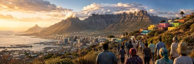 A group walks toward colorful houses in Cape Town with Table Mountain visible in the background.