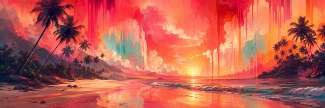 Surreal tropical beach at sunset with palm trees and colorful clouds reflected in water, accented by dripping paint effects.