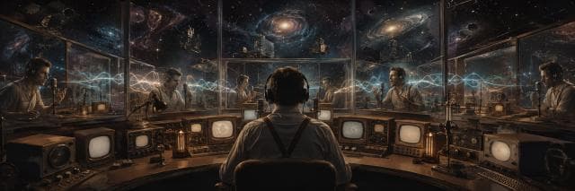A person at a vintage control desk faces mirrors with galaxies and waveforms in the sky, giving a sense of infinity.