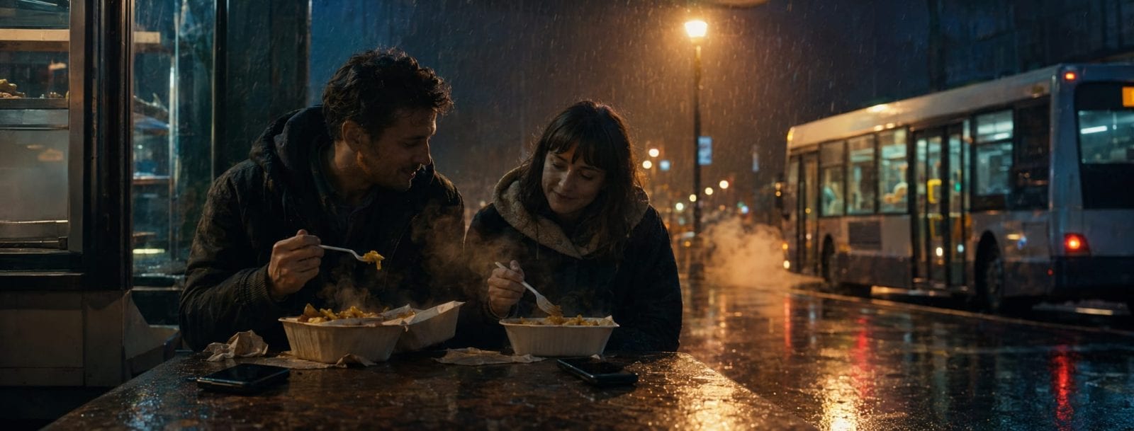 Two people share steaming food from cartons at a table on a rainy night, city lights reflecting off the wet streets around them.