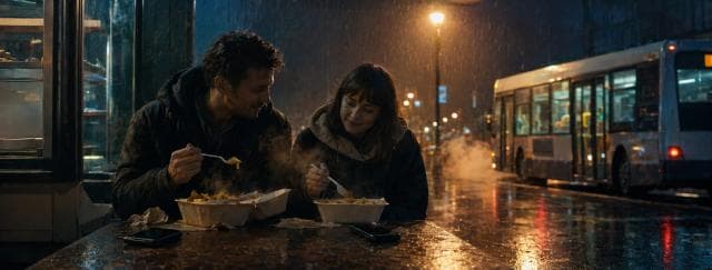Two people share steaming food from cartons at a table on a rainy night, city lights reflecting off the wet streets around them.