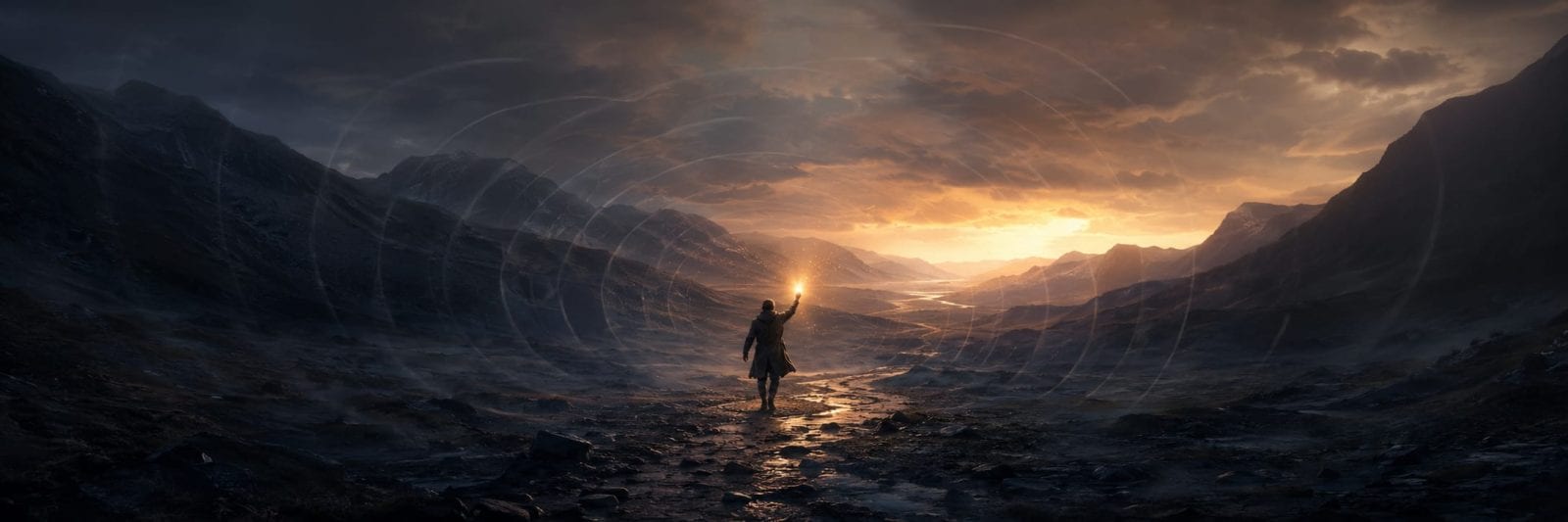 A figure holds a glowing light in a surreal valley at sunset as energy waves shimmer beneath fantastical mountains.