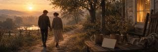 A couple walks hand in hand along a country path near a house with a welcoming table, surrounded by nature.