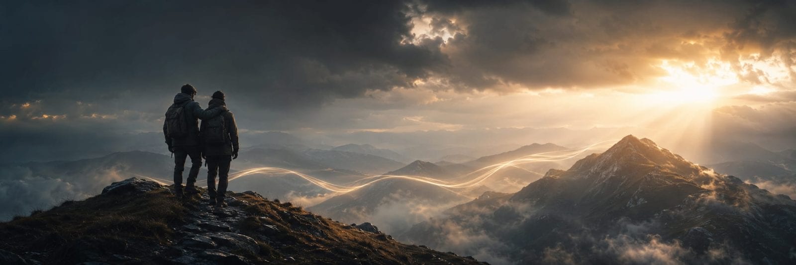 Two hikers stand on a mountain peak at sunrise above swirling clouds and glowing light trails.