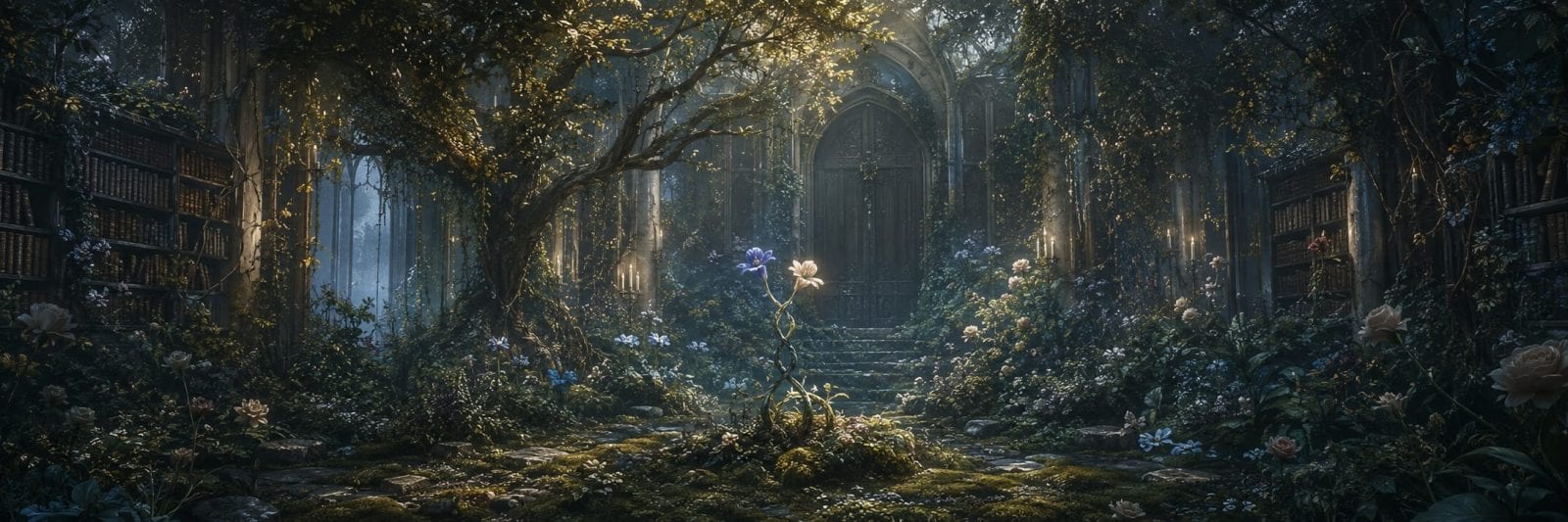 Overgrown library garden with stone steps, tall doors, and two glowing flowers at the center.
