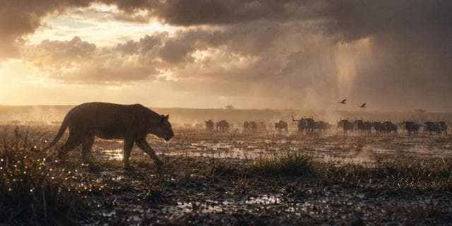 A lion walks across a muddy plain at sunset with distant wildebeest and birds beneath dramatic clouds.