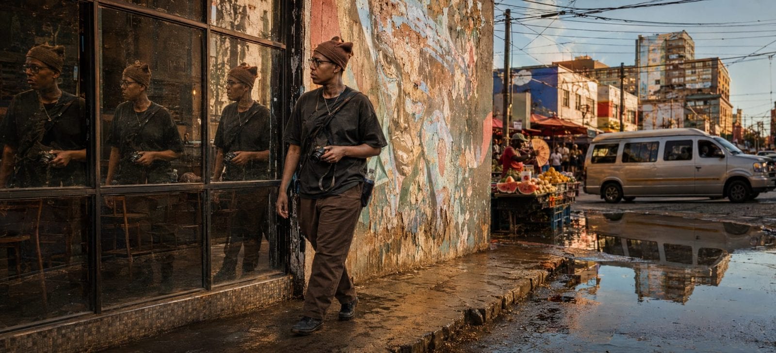 A person passes a weathered building with nature reflected in glass, near market stalls, a van, and puddles on the city street.