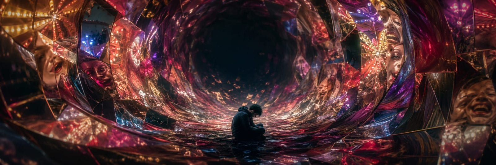 A person sits alone in a tunnel of mirrored panels, reflections showing multiple faces and bright lights.