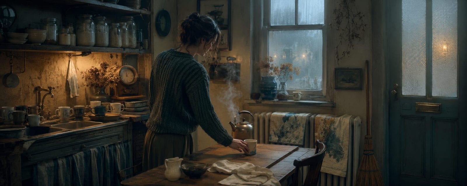A woman pours steaming water into a mug in a cozy rustic kitchen on a peaceful, rainy day.