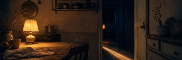 A warm table lamp burns in a quiet kitchen beside an open doorway leading into a blue-black hallway.