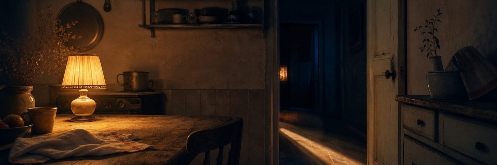 A warm table lamp burns in a quiet kitchen beside an open doorway leading into a blue-black hallway.