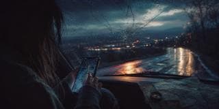 A cracked screen on a wet road under city lights symbolizes resilience and spirit in the calm of the night.