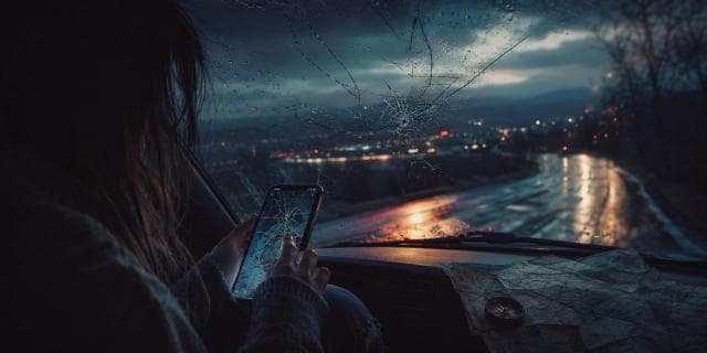 A cracked screen on a wet road under city lights symbolizes resilience and spirit in the calm of the night.