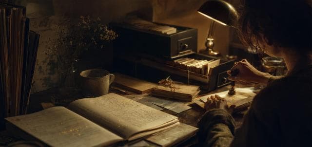 A person seals an envelope at a cluttered desk with journals, letters, dried flowers, and scattered papers.