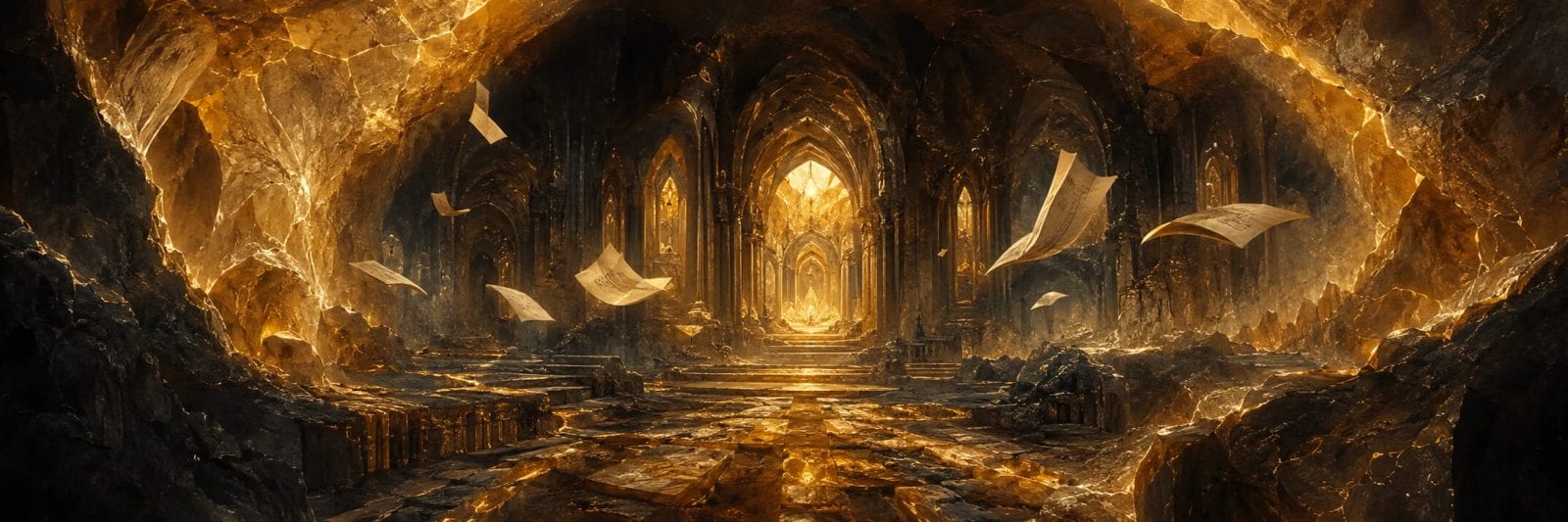 Golden cavern with gothic arches, stone floor, and floating sheets of paper reflecting nature and introspection.