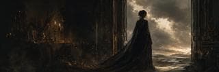 A woman in a dark gown stands in a room, facing an open doorway where nature and reflection mix with chaos outside.