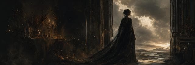 A woman in a dark gown stands in a room, facing an open doorway where nature and reflection mix with chaos outside.