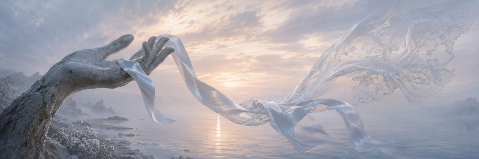 A weathered hand reaches toward flowing white fabric near a misty lakeside, with nature and reflections visible in the sunrise.