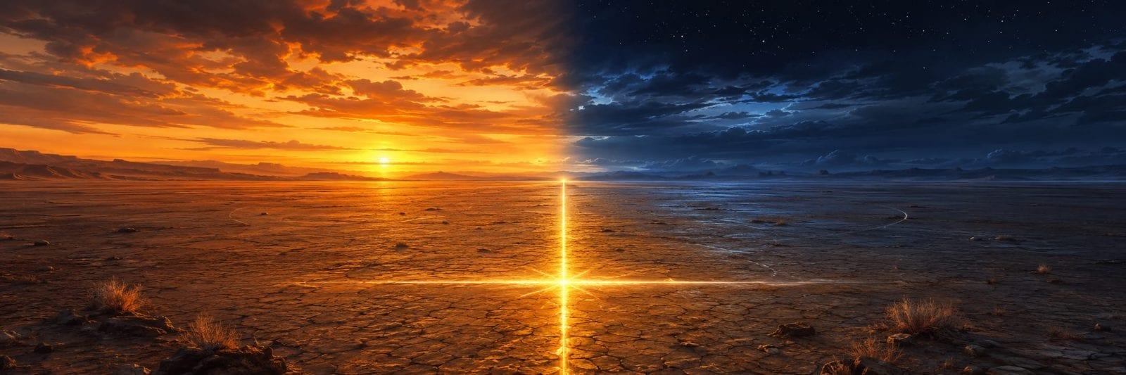 A barren landscape divided between day and night, where chaos converges at a glowing cross of light on cracked ground.