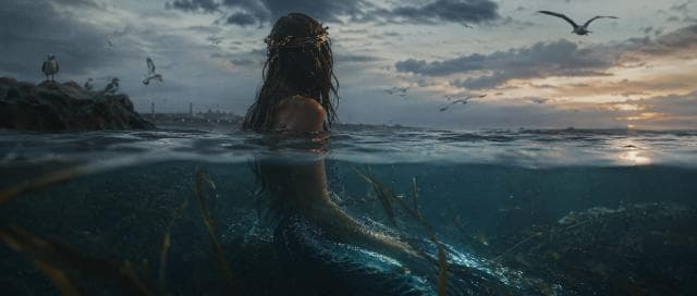 A crowned, surreal figure sits in the ocean at sunset, surrounded by seaweed and seagulls, reflecting on nature.