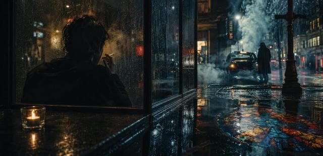 A person smokes in a glass booth on a rainy night as chaos unfolds near a car on the city’s reflective street.