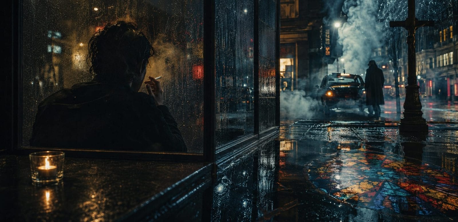 A person smokes in a glass booth on a rainy night as chaos unfolds near a car on the city’s reflective street.