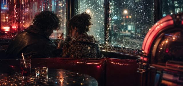 Two people sit together in a red diner booth at night, rain on the window, city lights outside, jukebox playing softly.