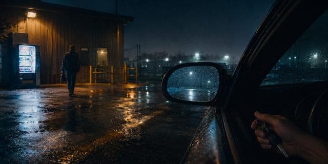 Someone holds car keys in a rainy parking lot at night as another person walks toward a vending machine.