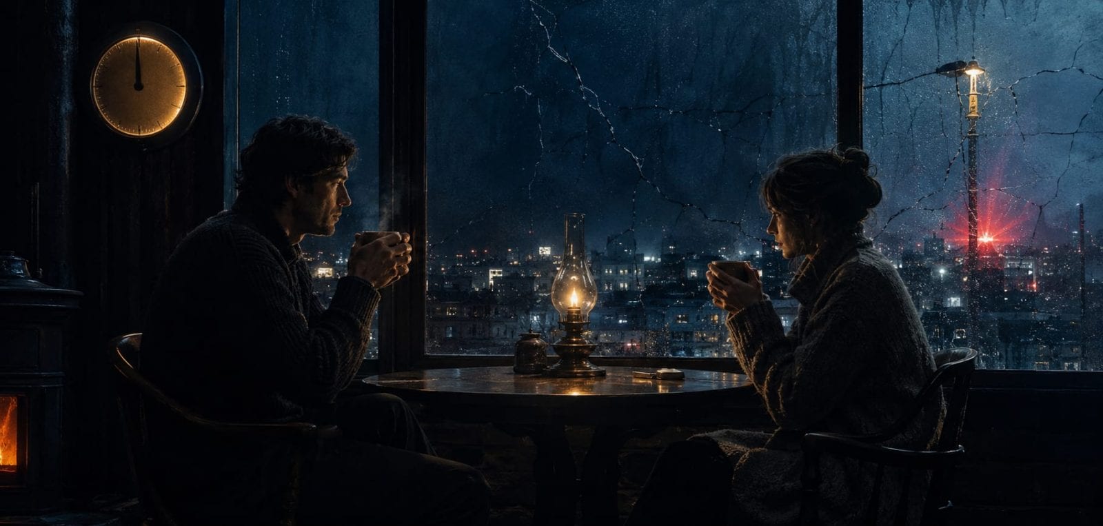 Two people sit at a table by a window holding mugs, with a lantern glowing near cracked glass.