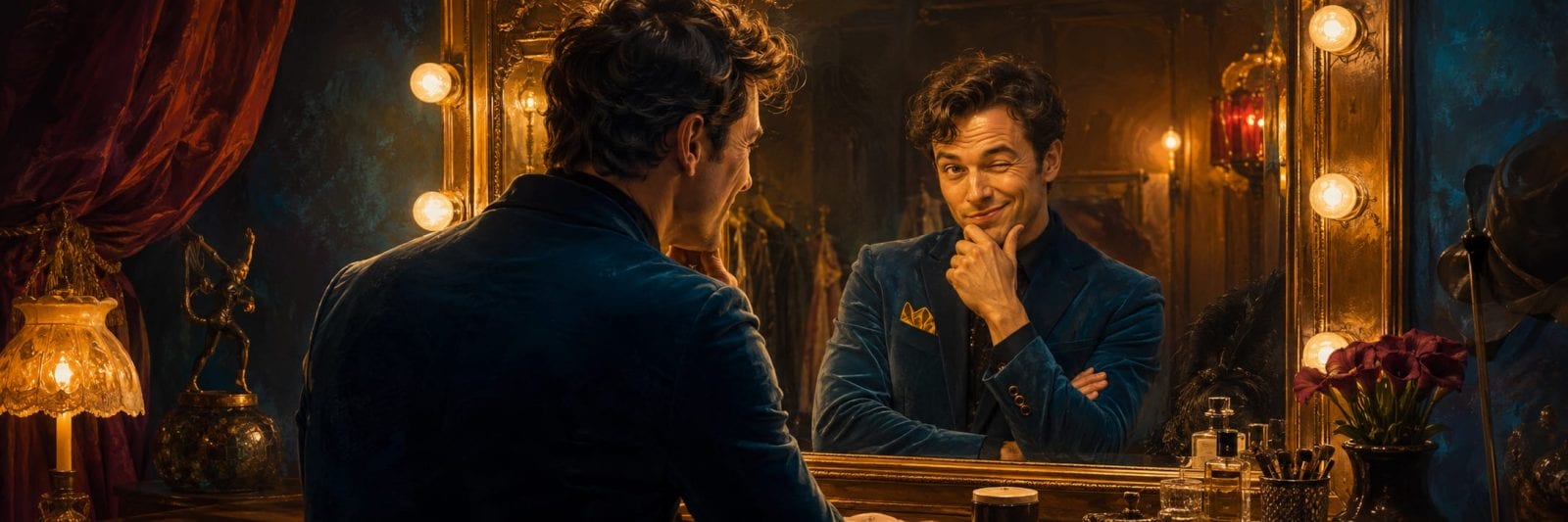 A man in a blue velvet jacket smirks and winks at his reflection in an ornate mirror.