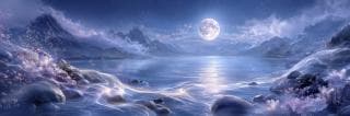 A full moon shines over a calm lake, with glowing flowers and mountains symbolizing quiet strength and spirit.