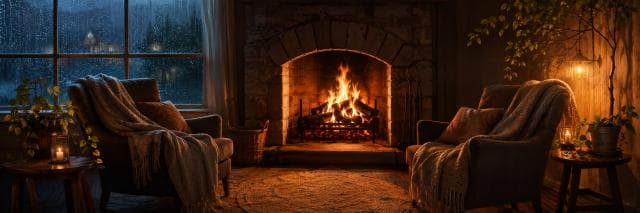 Two armchairs face a fireplace with blankets draped over them, rain visible outside the cozy room.