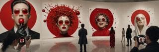 Visitors observe surreal portraits with red accents and round glasses at a modern art gallery; some take photos.