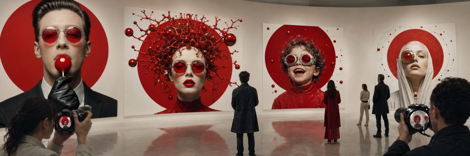 Visitors observe surreal portraits with red accents and round glasses at a modern art gallery; some take photos.