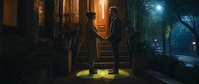 A woman and man stand face to face, holding hands on a stoop at night, their expressions blending satire and subversion.