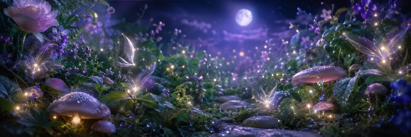 A moonlit forest floor with mushrooms, flowers, glowing lights, and tiny fairies weaving Strength & Spirit among dewdrops.