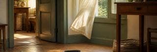 A curtain billows near an open window in a room with wooden floors and simple furniture.