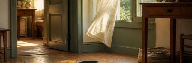 A curtain billows near an open window in a room with wooden floors and simple furniture.