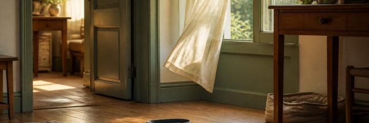 A curtain billows near an open window in a room with wooden floors and simple furniture.